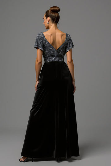 Robe longue formelle en velours noir et gris scintillant à paillettes